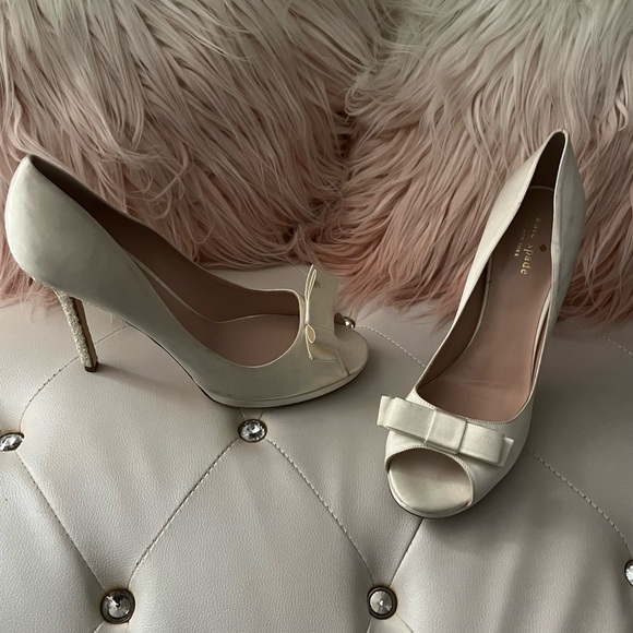 NEW Kate Spade Felisha Ivory Satin Glitter Heel Open Toe Heels Size 10.5B - Picture 2 of 16